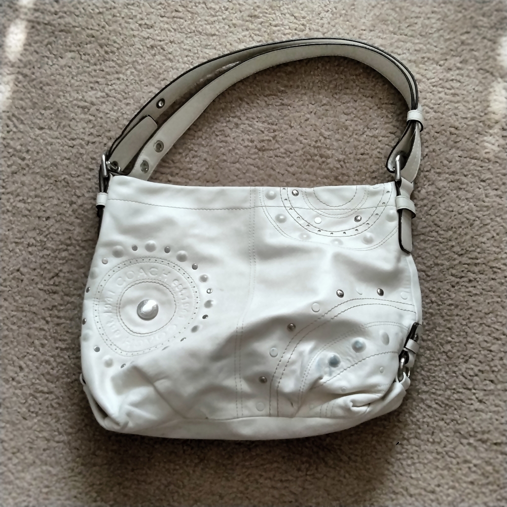 Coach White Embellished Leather Shoulder Bag